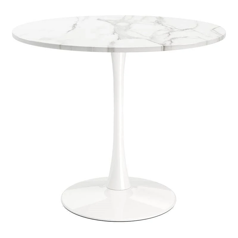 Modern Classic 35-inch Round Pedestal Dining Table Marble Top with White Base - 29H x 36W x 36D
