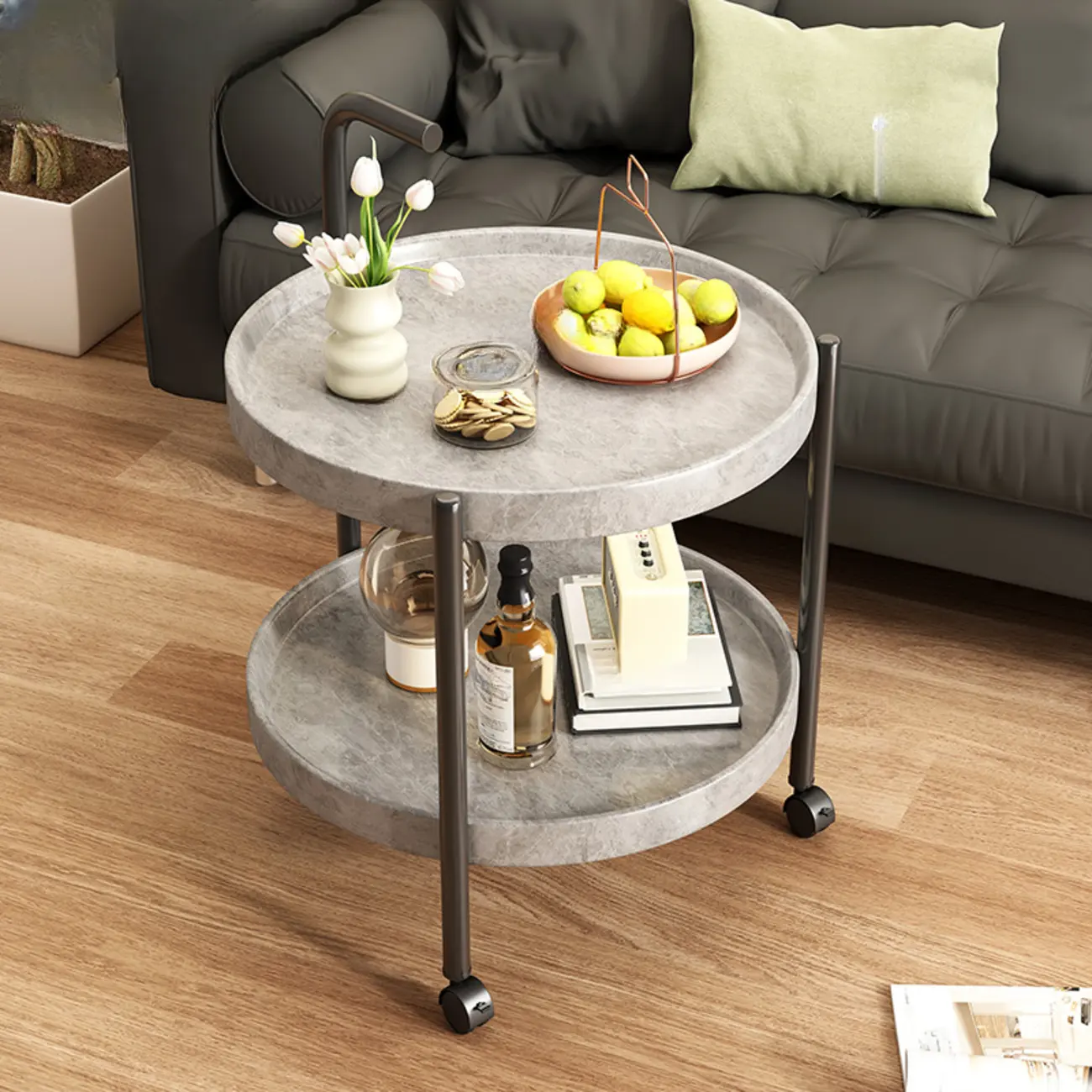 Modern 2-Tier Wood Round Coffee Table with Wheels, Tray