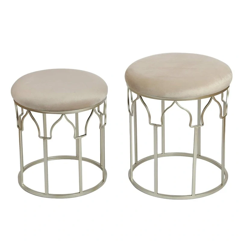 Adeco FT0254 Round Stackable Footstool, Steel Legs, 17 Inch Height, Set of 2 Ottomans & Storage Ottomans Light Grey