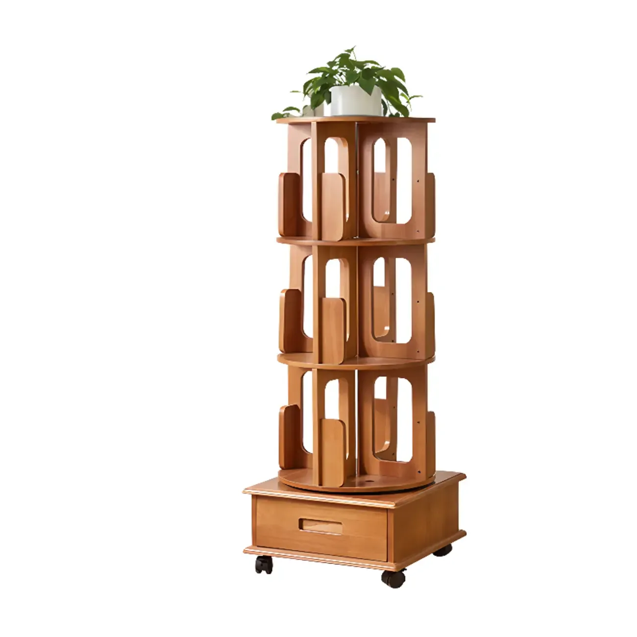 Narrow Rotating Cherry Wood Vertical Bookcase With Drawer