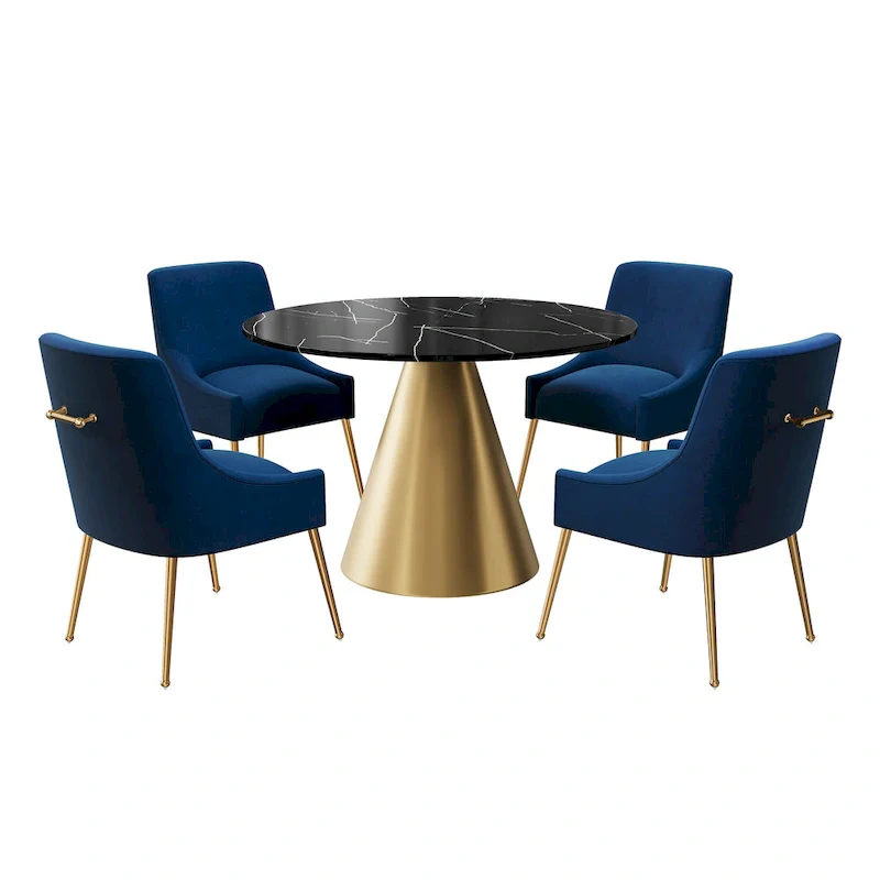 Clihome 5 Piece Black Marble Top Table with Velvet Dining Chair Set