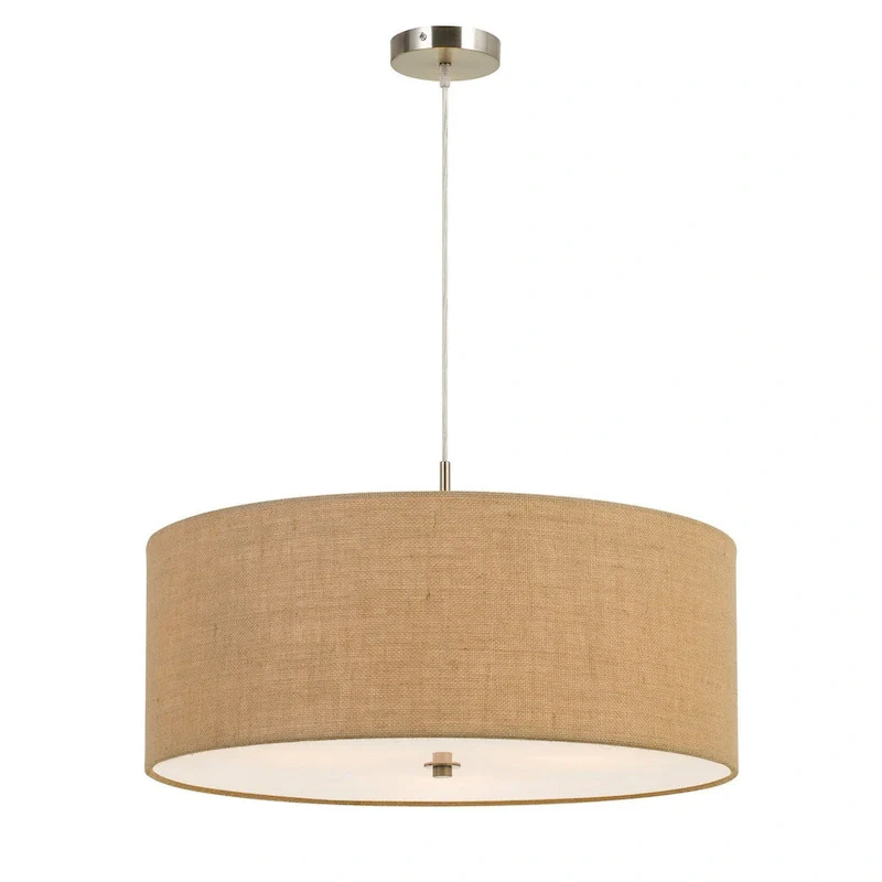 3 Bulb Drum Shaped Fabric Pendant Fixture with Diffuser, Beige