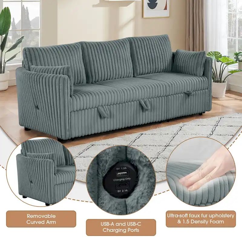 Modern Fabric Sleeper Sectional with USB and 2 pillows