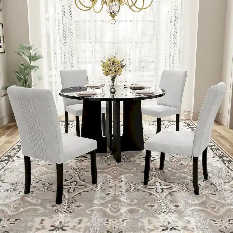 5 Pcs Wood Kitchen Table and Chair Set, 4 People Round Dining Table Set with Faux Marble Top and 4 Upholstered Chairs