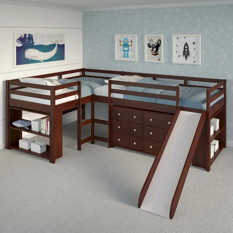 Double Twin L-Shaped Slide Loft Bedroom Set in Dark Cappuccino