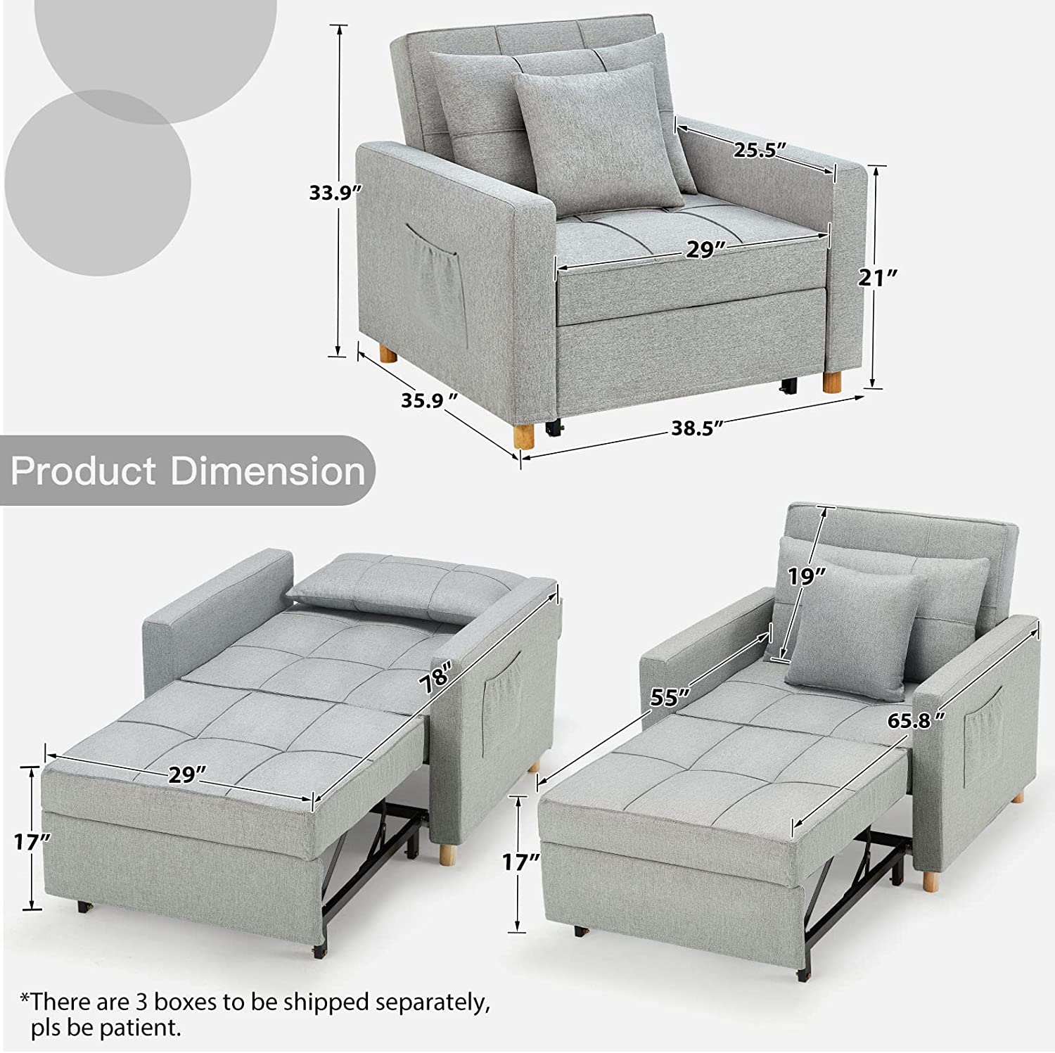 A modern gray convertible chair bed in sofa position in a cozy living room.
