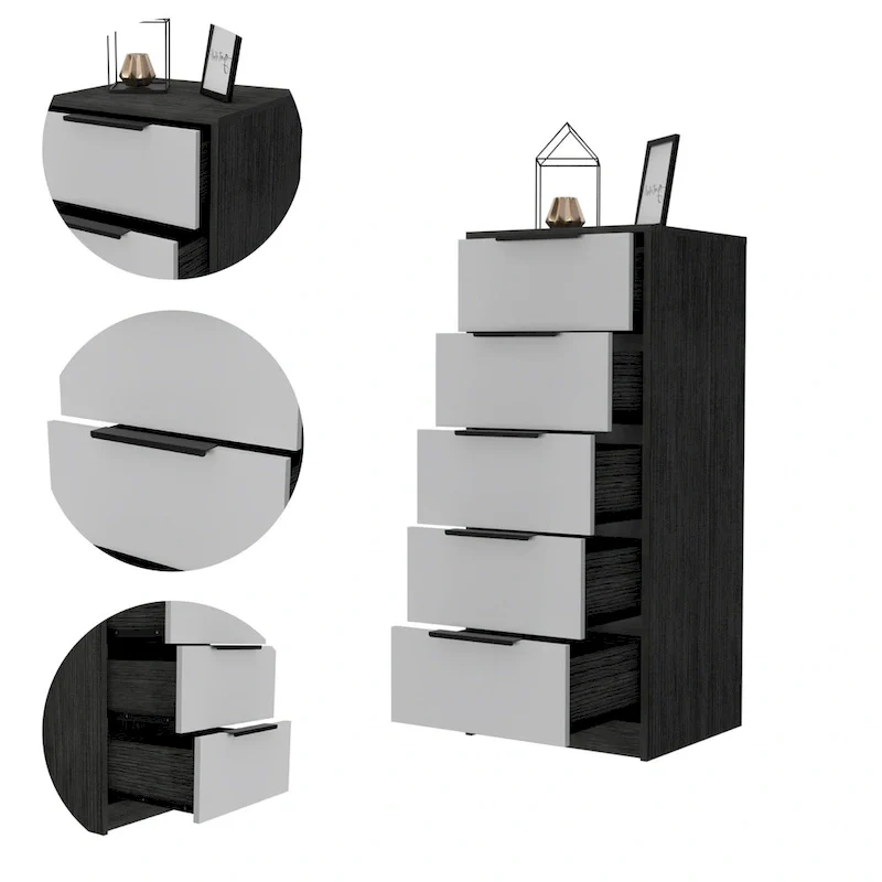 Wood Modern 5 Drawer Dresser Chest with Metal Glides and Handles
