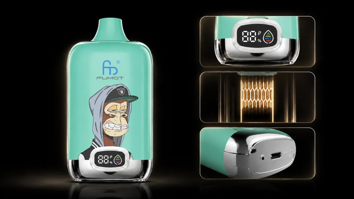 Fumot Digital Box 12000 Watermelon Bubble Gum Vape Funktionsdetails mit Display, Mesh Coil und Ladeanschluss