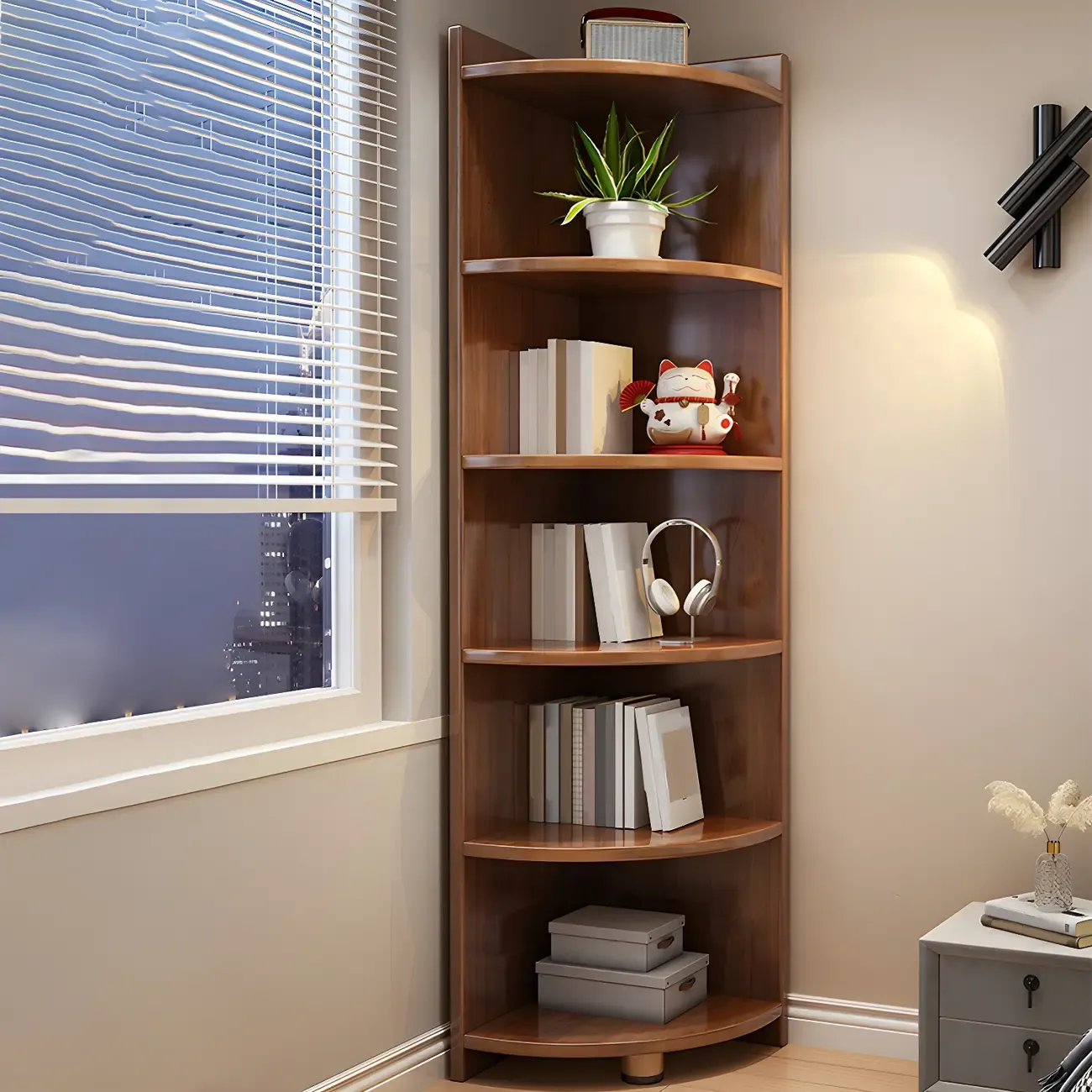Contemporary Space-Saving Wood Walnut Corner Bookcase