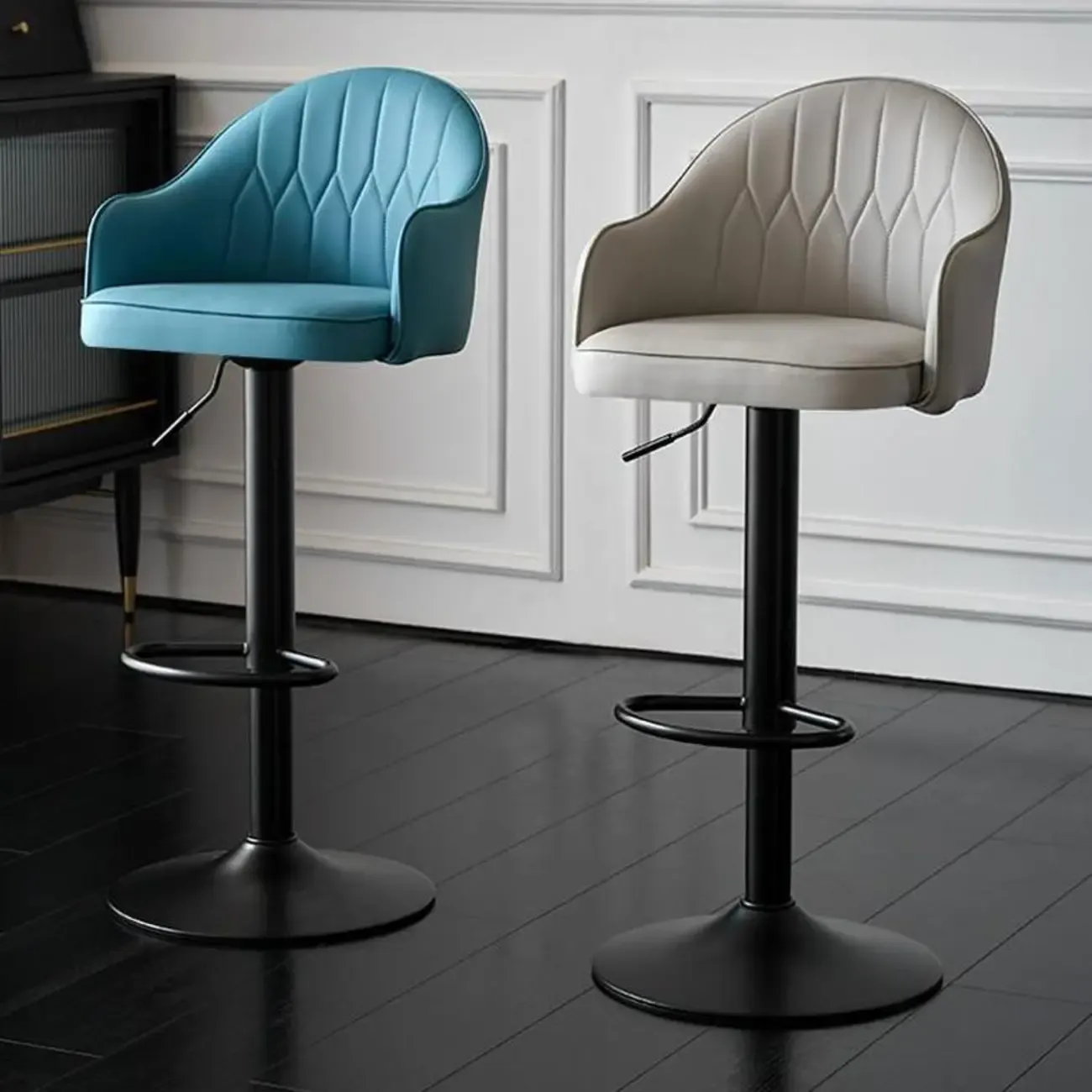 Swivel Upholstered Adjustable Height Home Armed Barstool with Metal Base