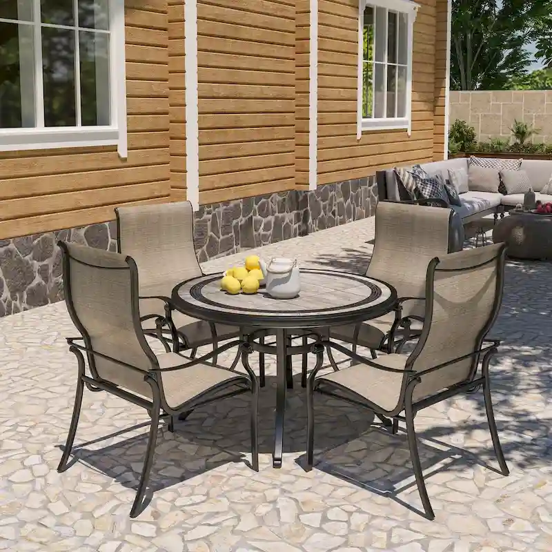 Cast Aluminum 5-Piece Outdoor Patio Dining Set with Ceramic Tile Top Round Table and Chairs