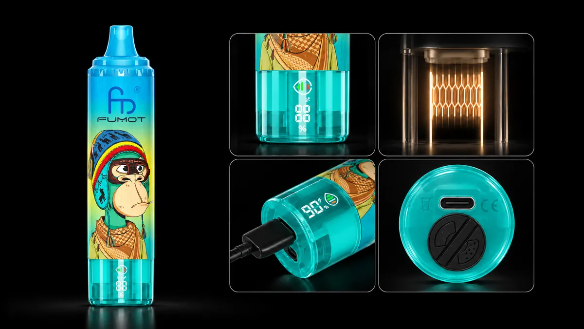 FUMOT Tornado 15000 Blue Razz Lemonade – Detailansichten von Display, Heizsystem, USB-C-Anschluss und Luftregulierung