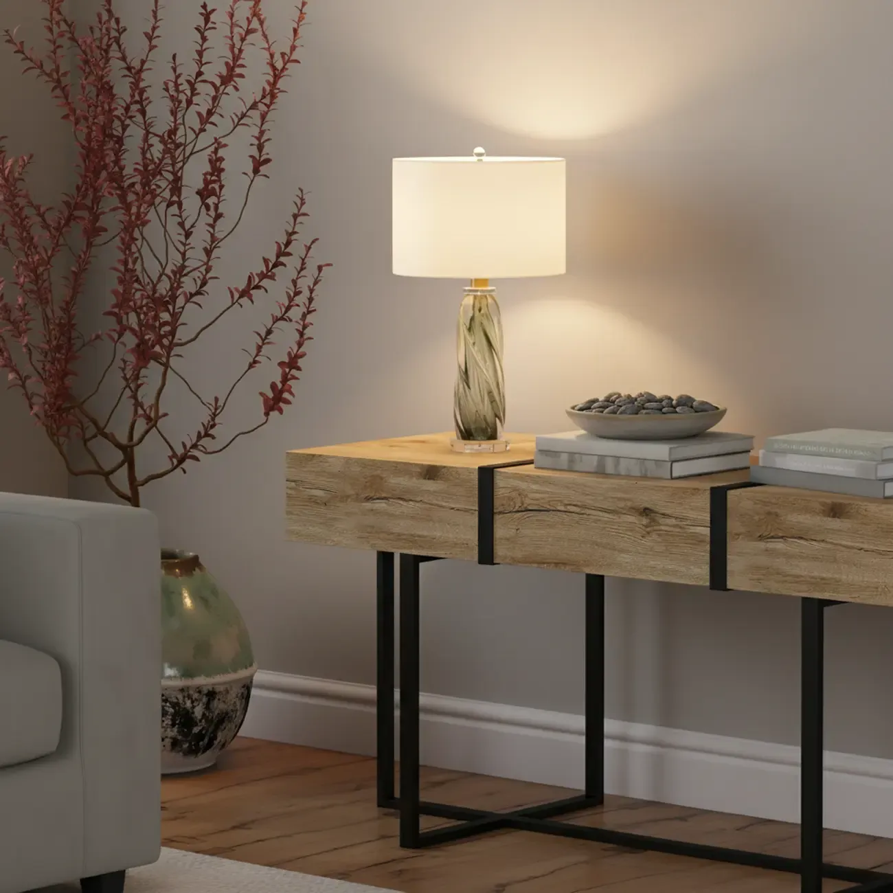 Modern Green Twisted Glass Table Lamp with Fabric Shade