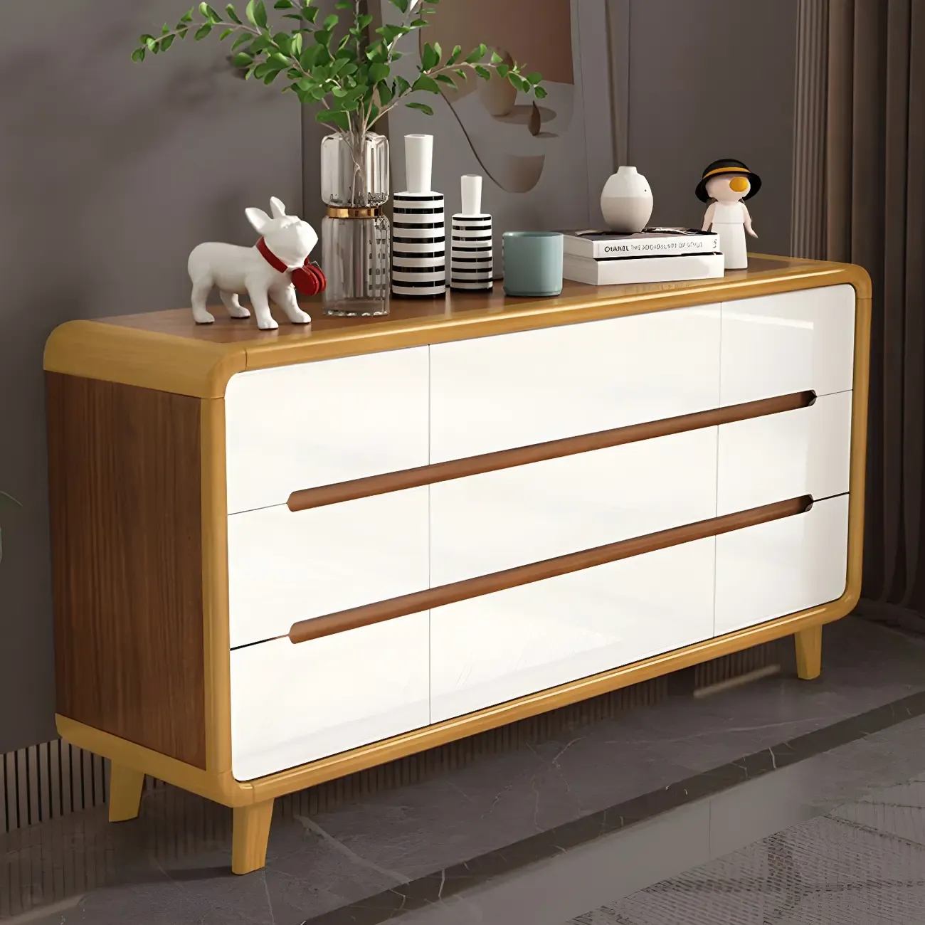 Traditional White-Brown Wooden Double Dresser Arched Edge