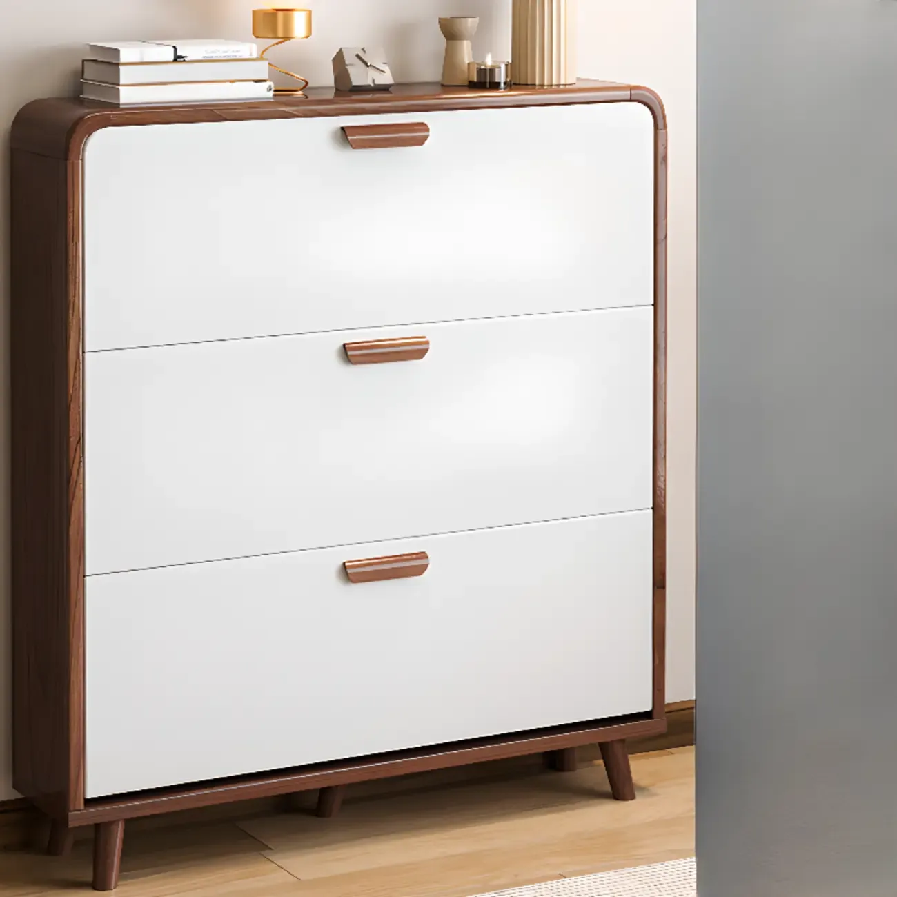 Traditional Hidden Adjustable 3 Tiers Solid Wood Shoe Cabinet