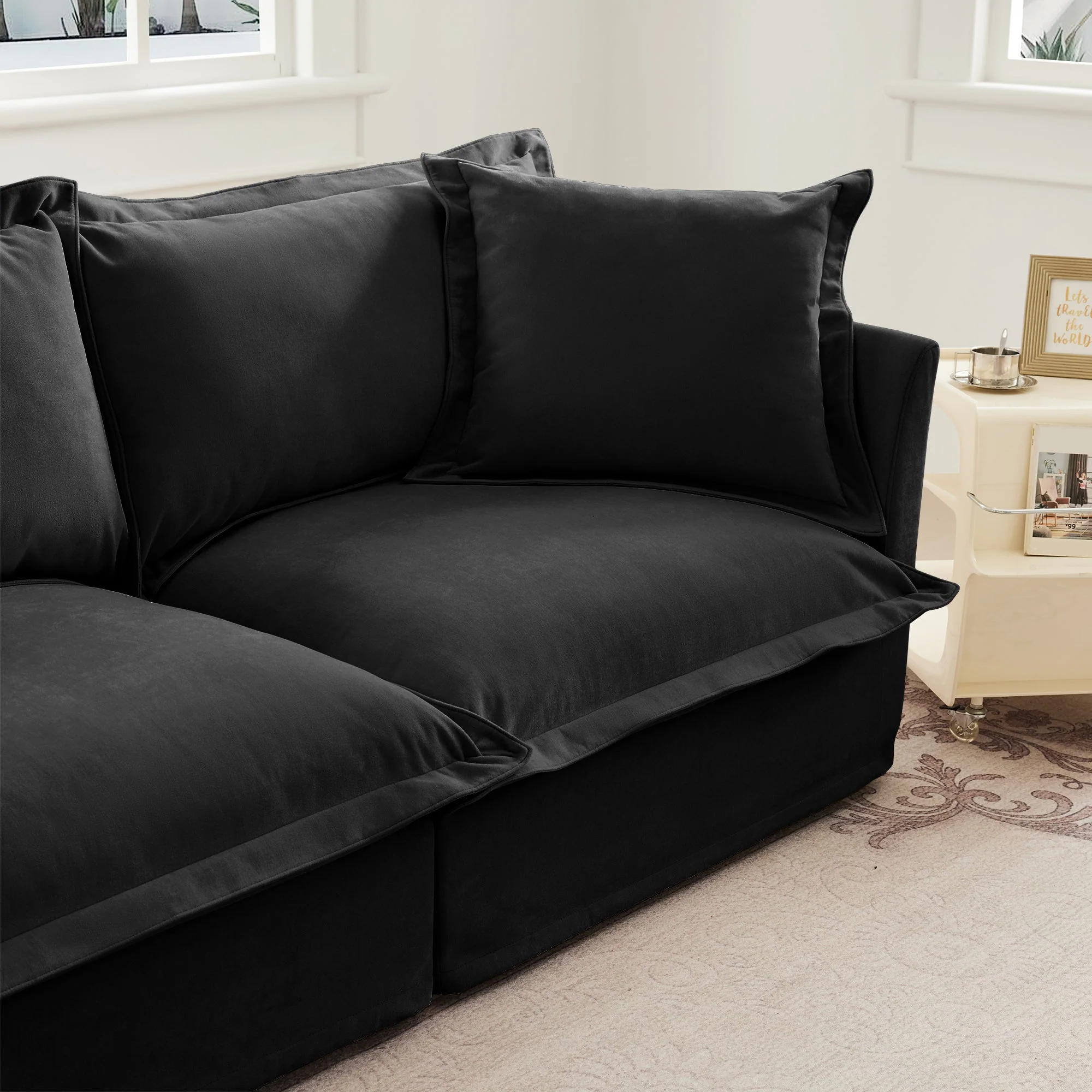Walker Edison | Wide Deep Seat Slipcovered Black Loveseat Sofa with Ottoman