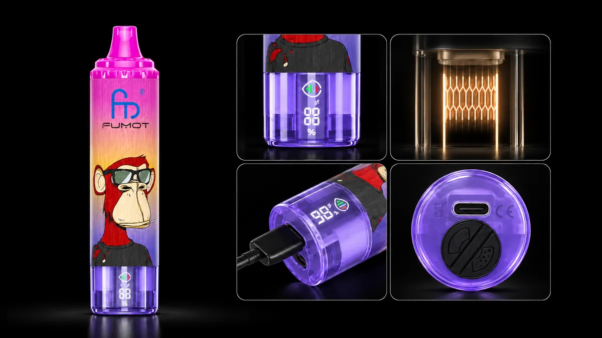 FUMOT Tornado 15000 Grape Lemon – Detailansichten von Display, Heizsystem, USB-C-Anschluss und Luftregulierung