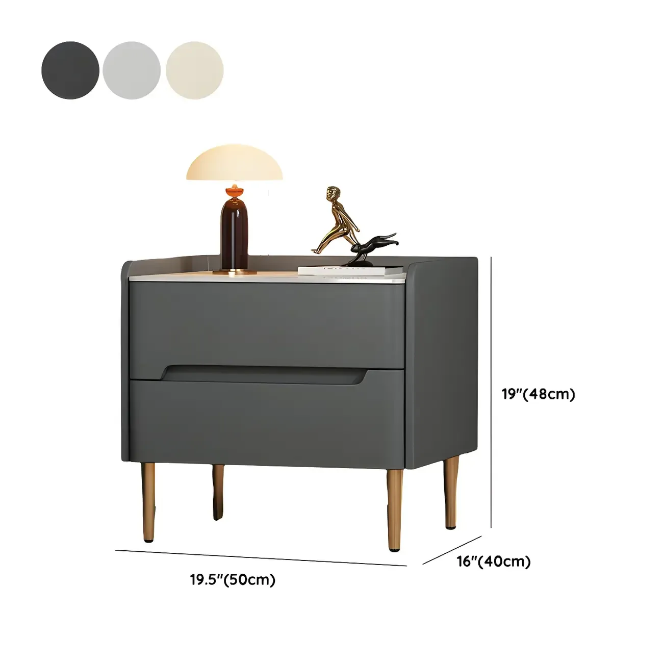 Elegant Green Wood Stone Top Gold Legs 2-Drawer Nightstand