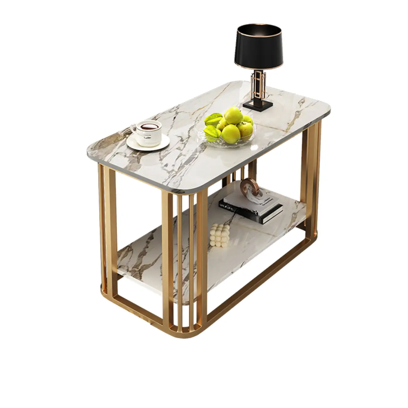 Luxury Rectangular Gold 2-Tier Coffee Table with Stone Top