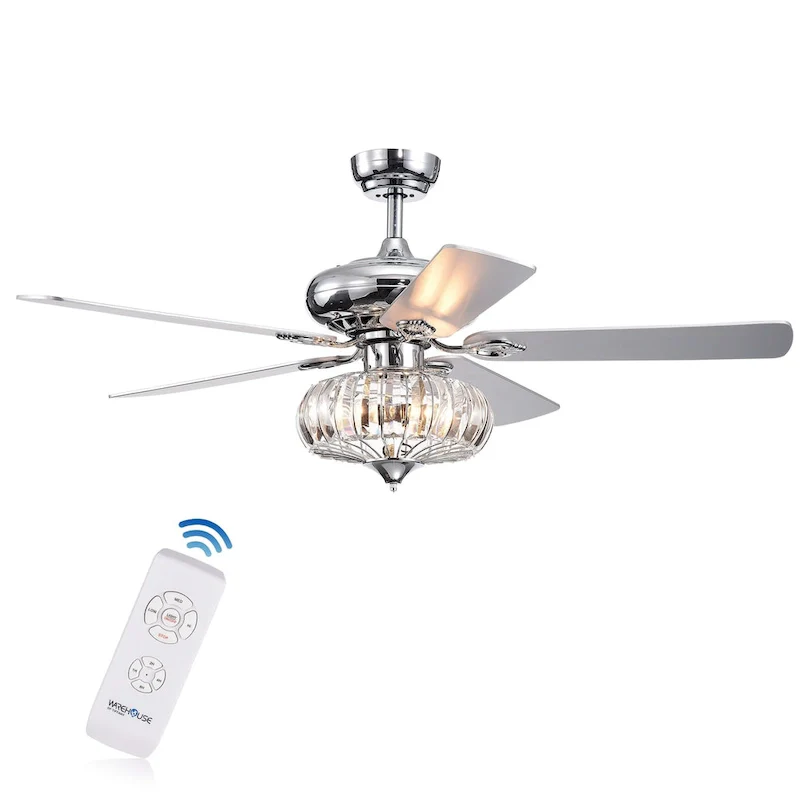 Kyana DeBase 52-Inch 5-Blade Chrome Lighted Ceiling Fans with Crystal Bowl Shade (Optional Remote Control)