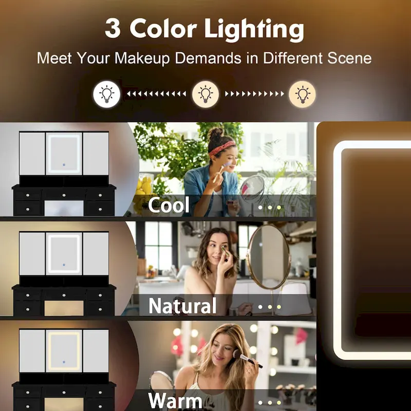 Makeup Vanity with 3-Color Lighted Mirror, Large Vanity Table Dressing