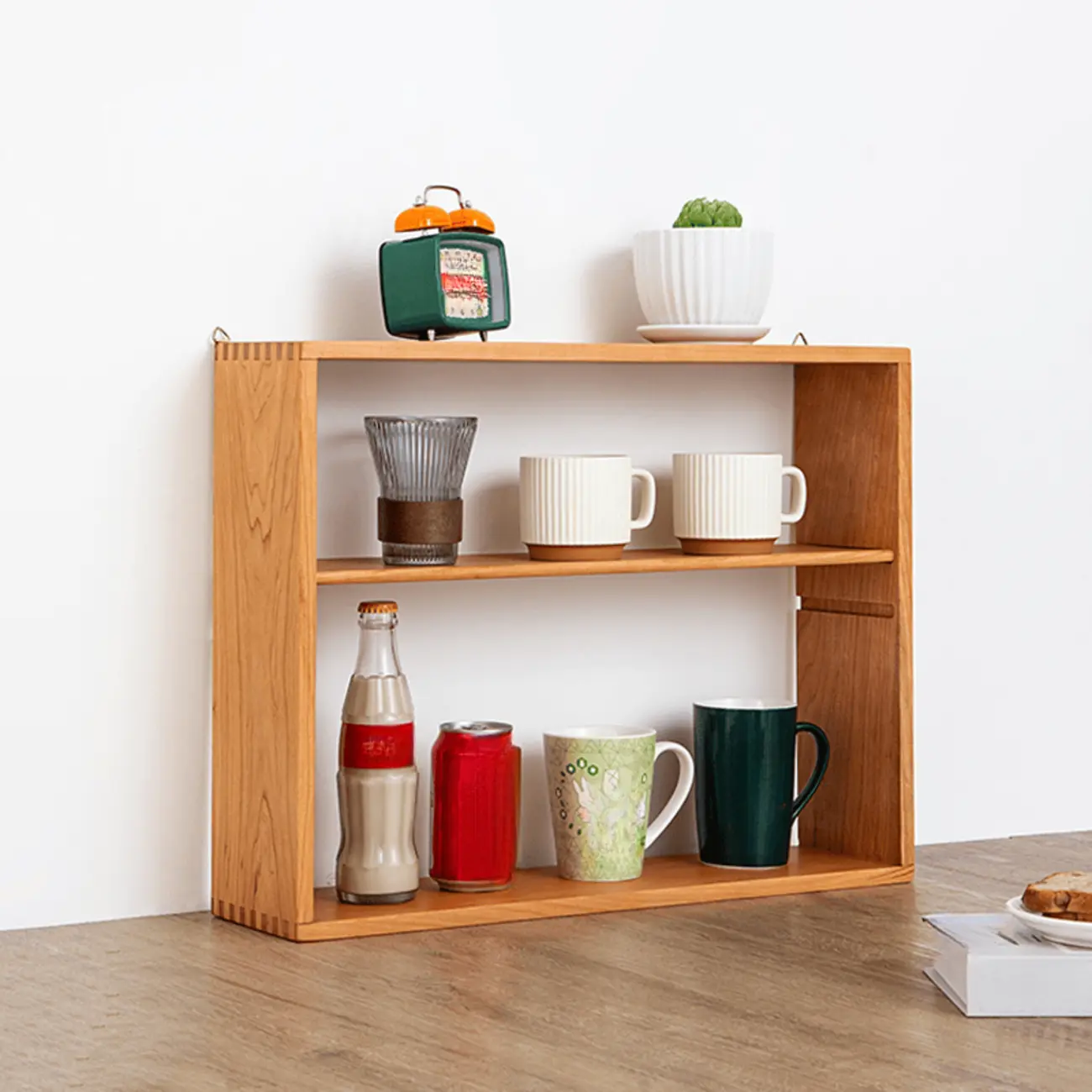 Natural Finish Wooden 2 Shelves Wall-Mounted Display Cabinet