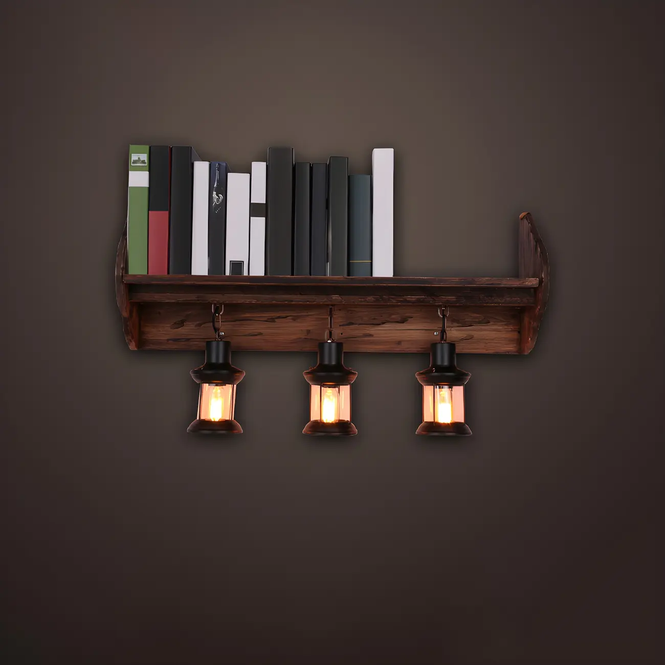 Industrial Distressed Wood Glass Black Wall Lantern Light
