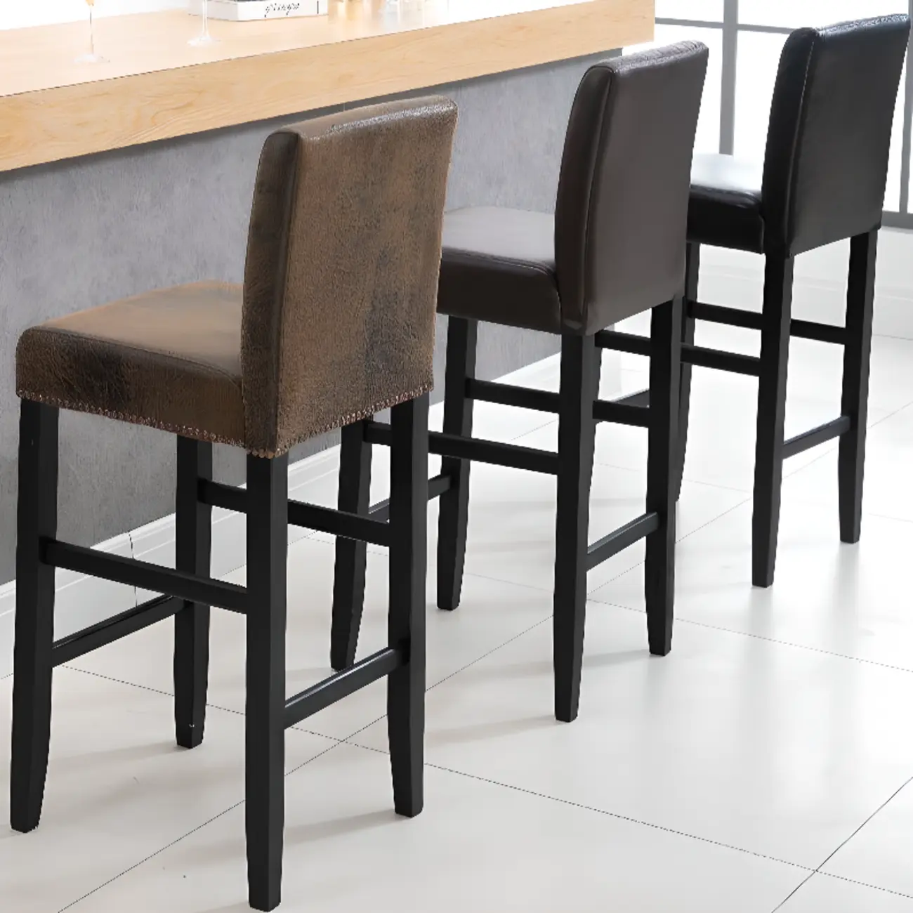 Traditional Wood Leather Upholstered Bar Height Stool