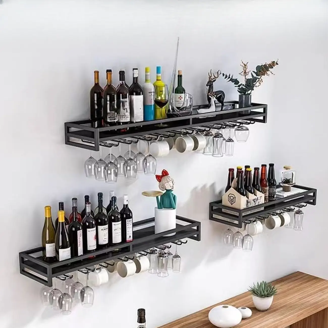 Metal Wall Mount Wine Rack and Glass Holder with Glass Rack Shelf