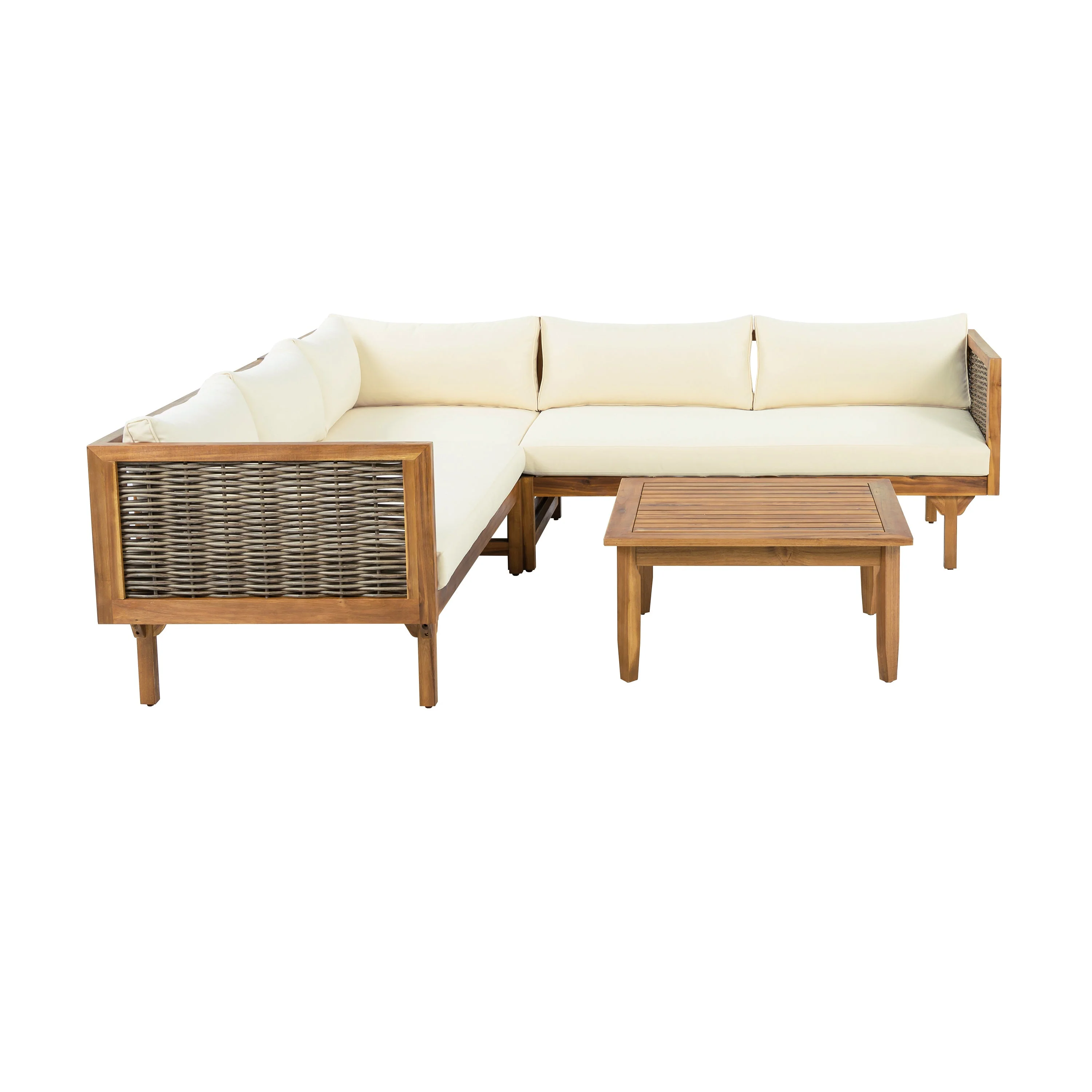 Walker Edison | Acacia Wood Sectional Sofa with Coffee Table