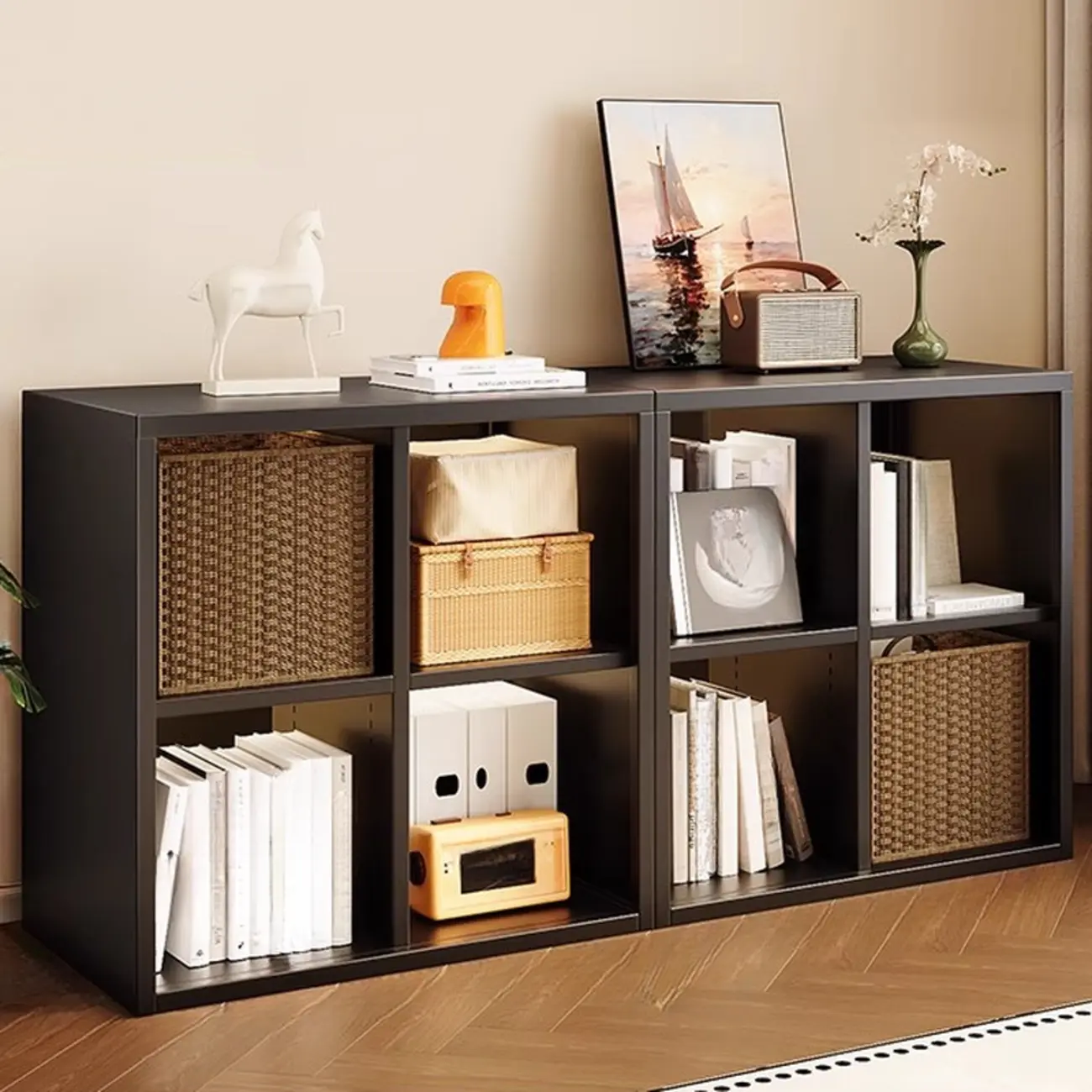 Modern Steel Cube Bookcase with Fabric Bins