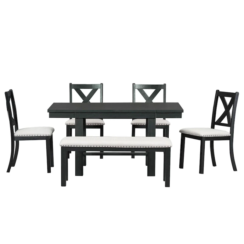 Farmhouse 6-Piece Wooden Dining Table Set with Extendable Table & 4 Chairs
