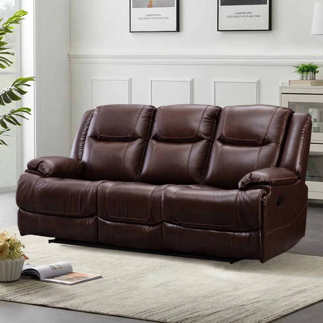 Genuine Leather Mid-century Modern Style Manual Recliners Sofa Set