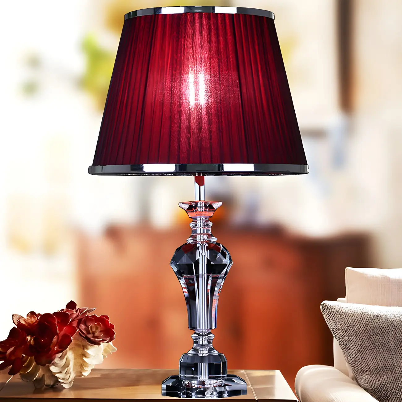 Contemporary Red Fabric Crystal Base Table Lamp