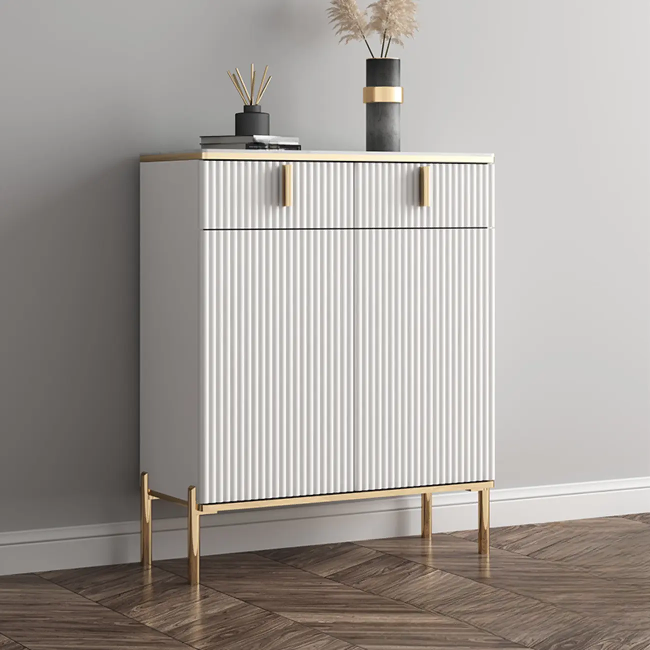 Glam Light Coffee Wood Entryway Shoe Cabinet