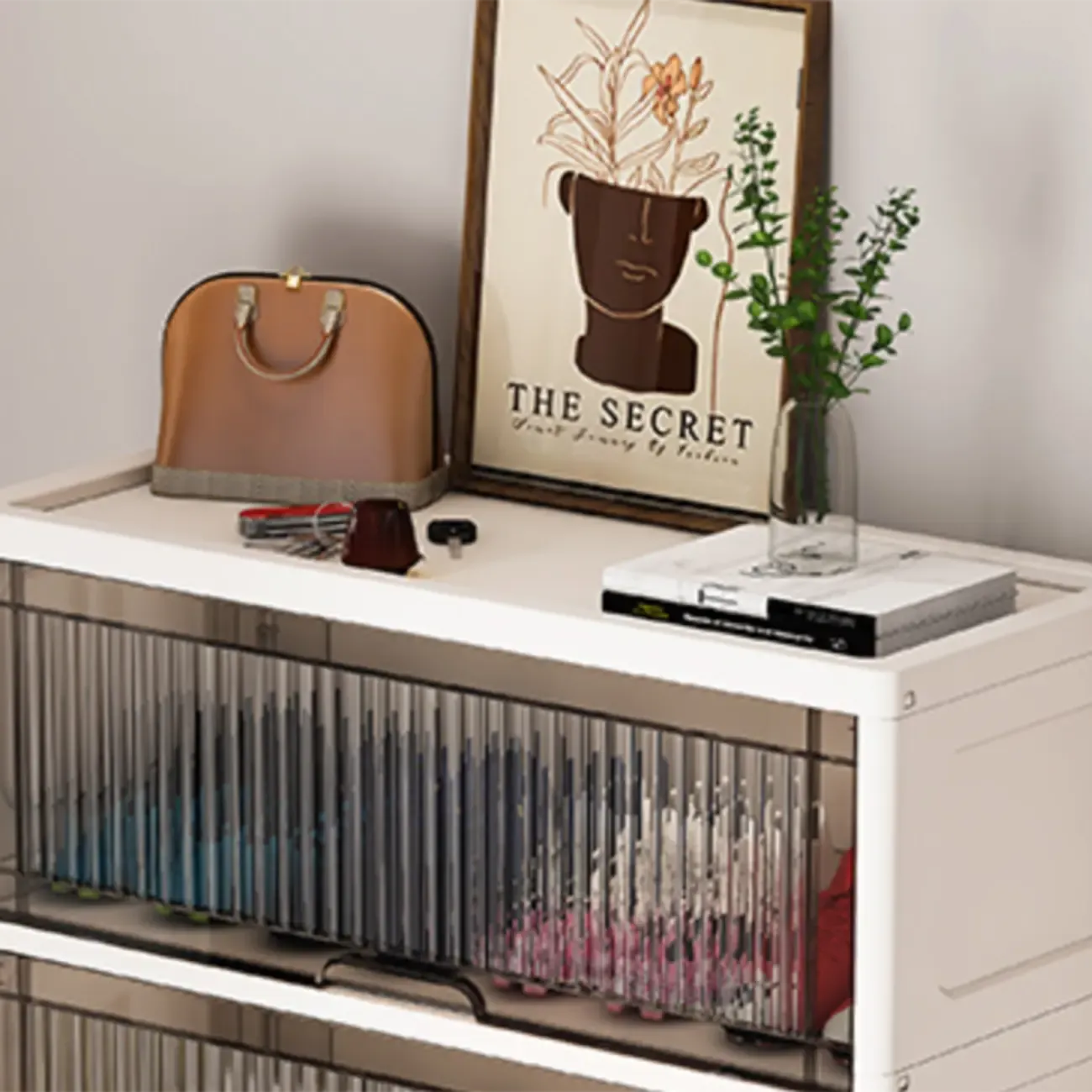 Hallway White Plastic Drop-Front Shoe Cabinet with Casters