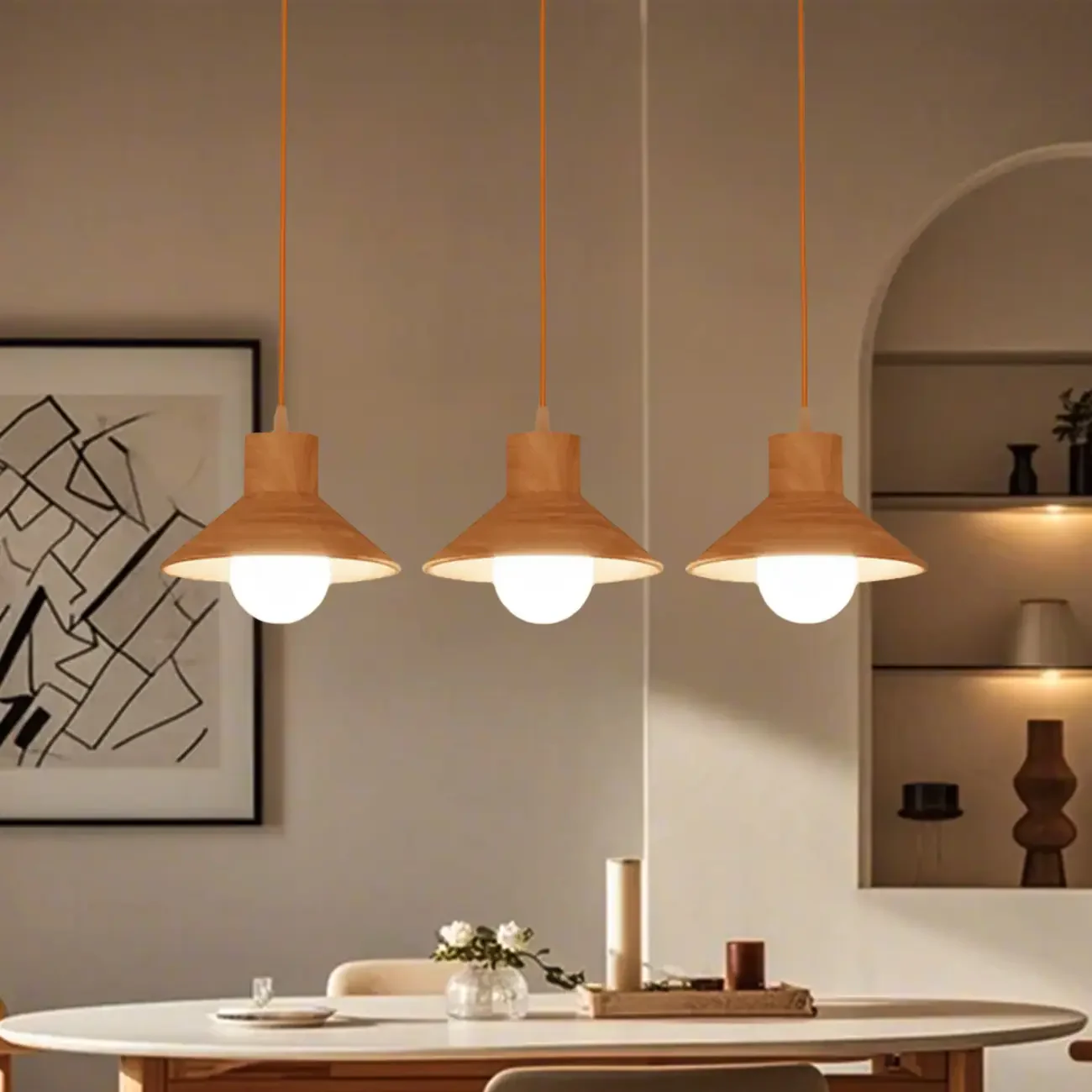 Rustic Island Light Modern Wood 3 Lights Cone Island Pendant