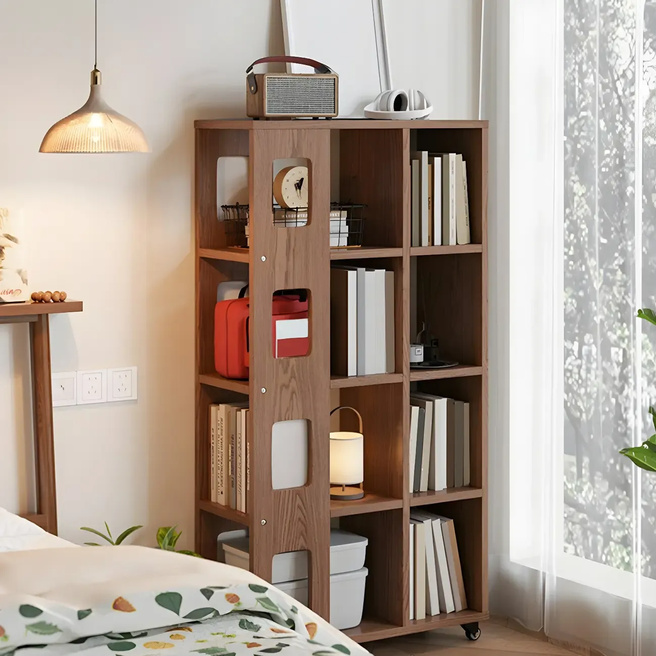 Mid-Century Nut-Brown Wood 5-Tier Bookcase on Wheels