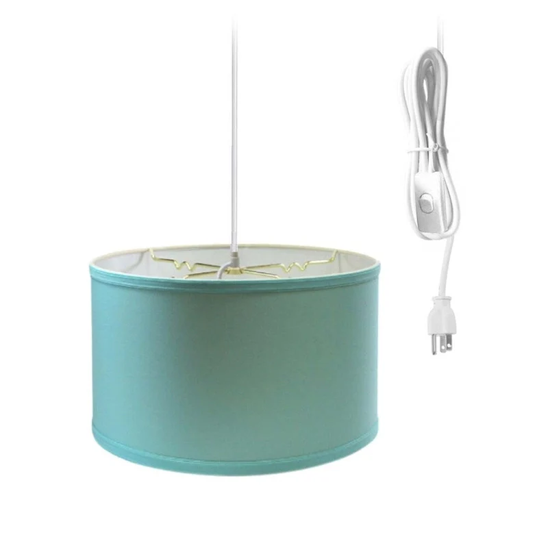 1 Light Swag Plug-In Pendant 16 w Island Paradise Linen Drum Shade, 17' White Cord