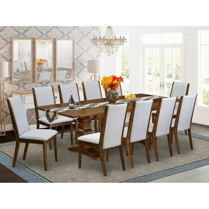 East West Furniture 11 Piece Dining Table Set- a Wooden Table and 10 Linen Fabric Upholstered Chairs(Finish Options)