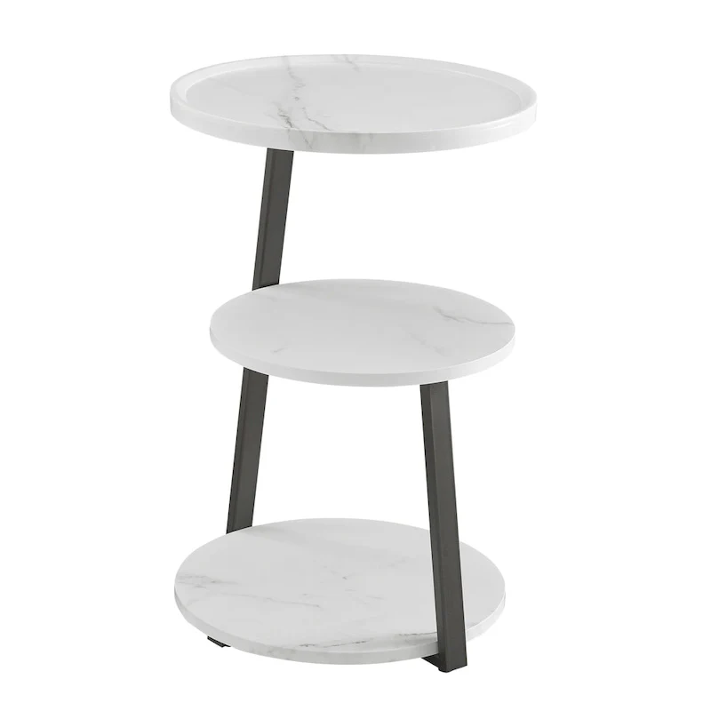 Skylar Round 3-Tier Side Accent Table with Raised Lip Edge Tabletop and Midcentury Modern Metal Asymmetric Pedestal Legs
