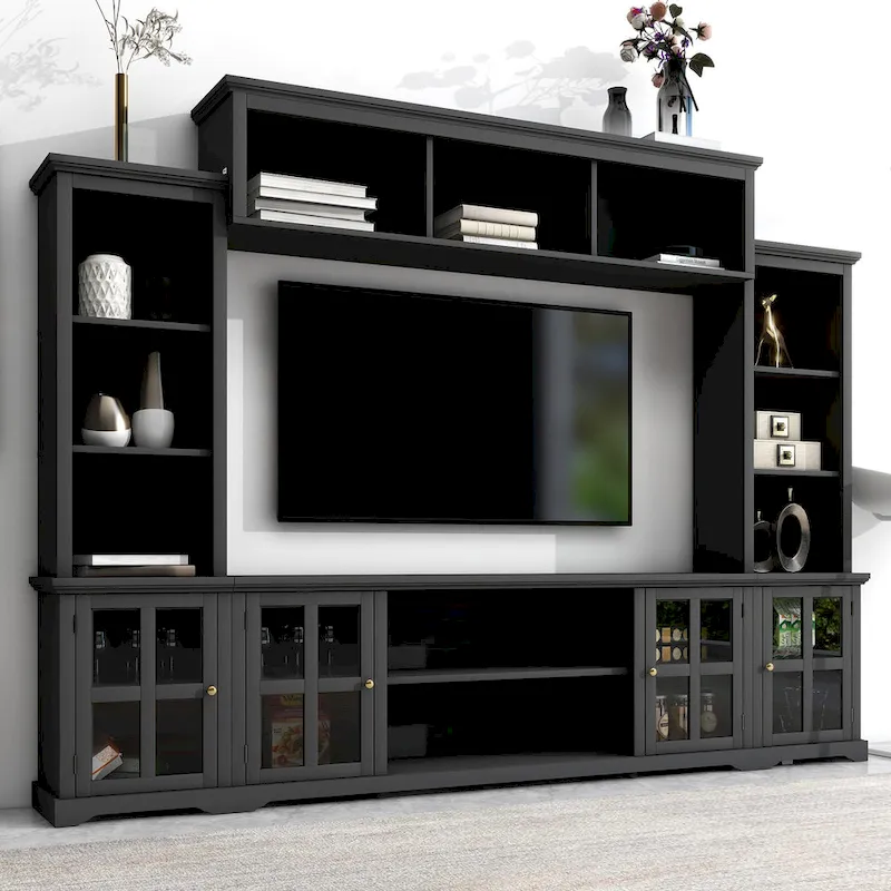 Black Entertainment Wall Unit with Bridge and Glass Door TV Console for TVs Up to 70