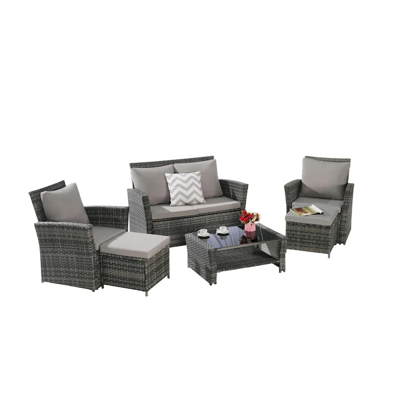 6 Piece Wicker Patio Furniture Sets with Tempered Glass Coffee Table & Ottoman