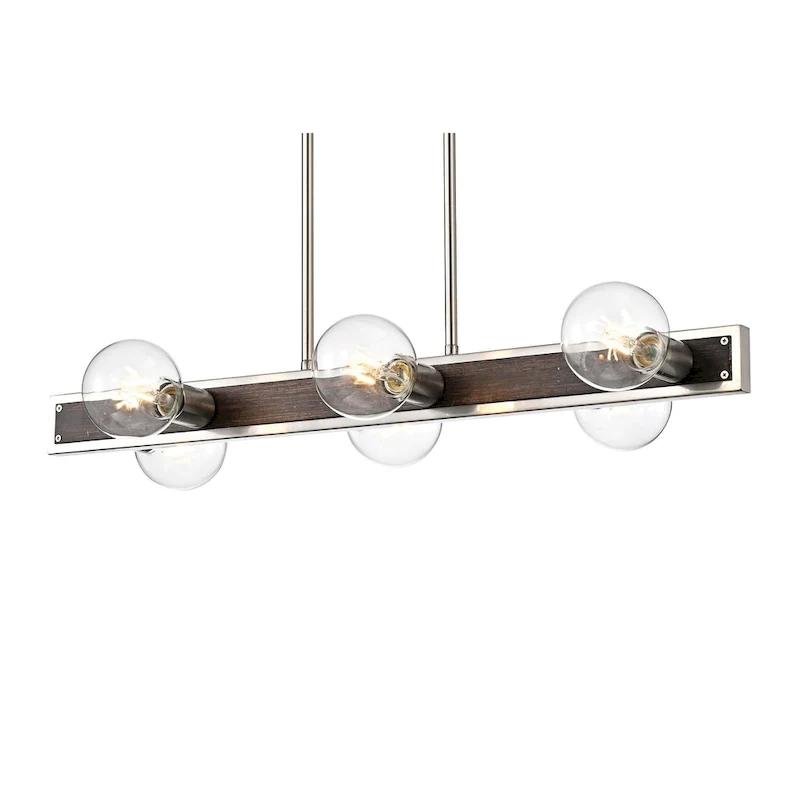 Brushed Nickel and Wood 6-Light Linear Island Lighting - Brushed Nickel and Wood
