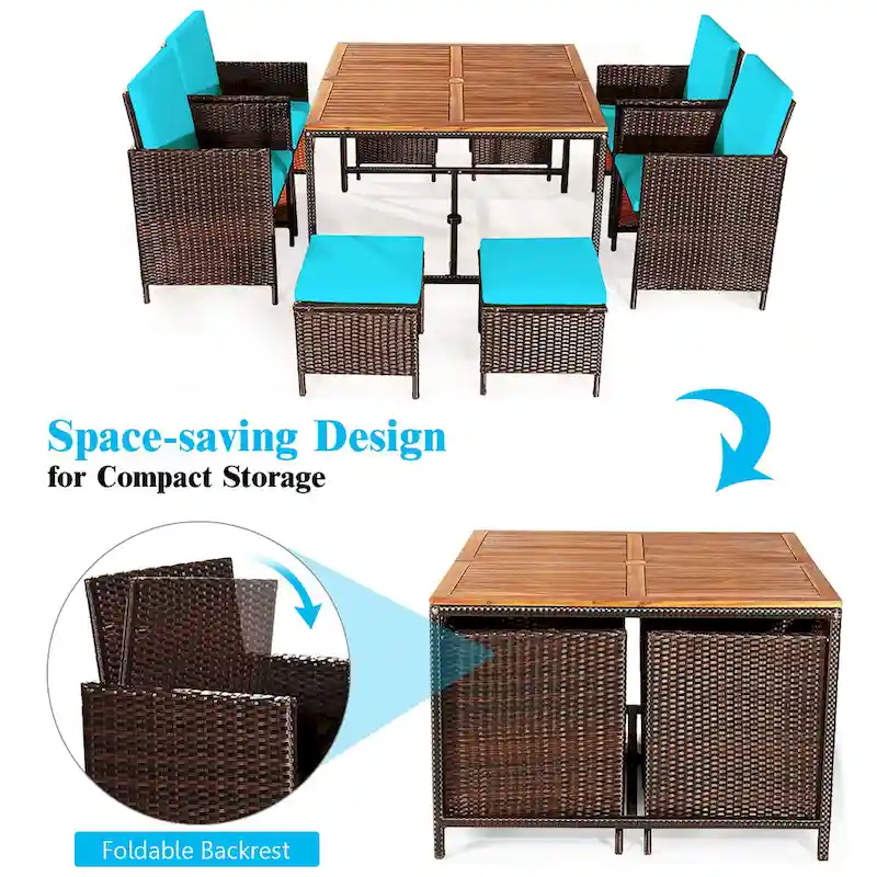 Costway 9PCS Patio Rattan Dining Set Cushioned Chairs Ottoman Wood - See Details