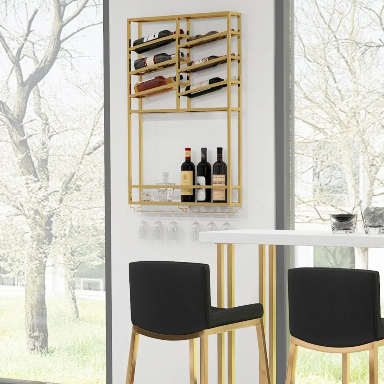 Industrial Wall Mounted Gold Metal Wine Rack with Bottle Rack