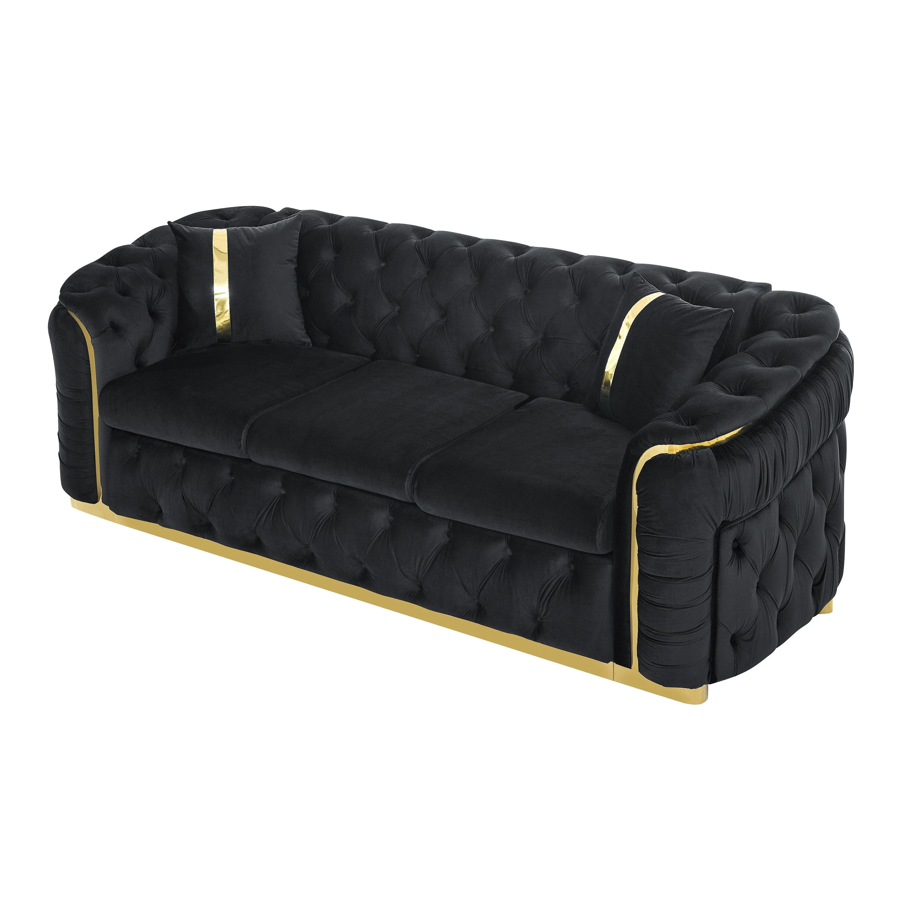 90.6 Velvet 3-Seater Sofa with 2 Pillows High-Density Cushions, Gold Accents, and Pillows