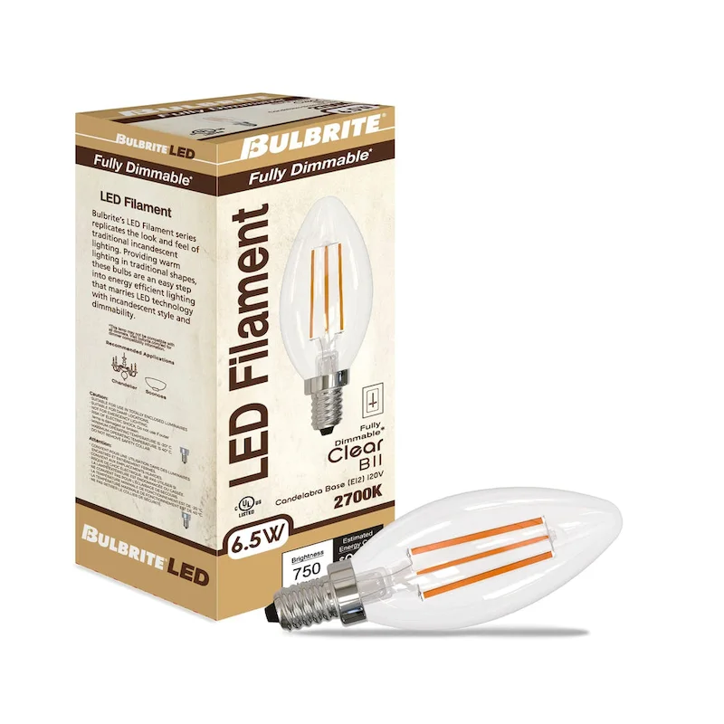 Bulbrite LED Filament Pack of (4) 6.5 Watt Dimmable B11 Light Bulbs with a Clear Finish and Medium (E26) Base - Warm White Light