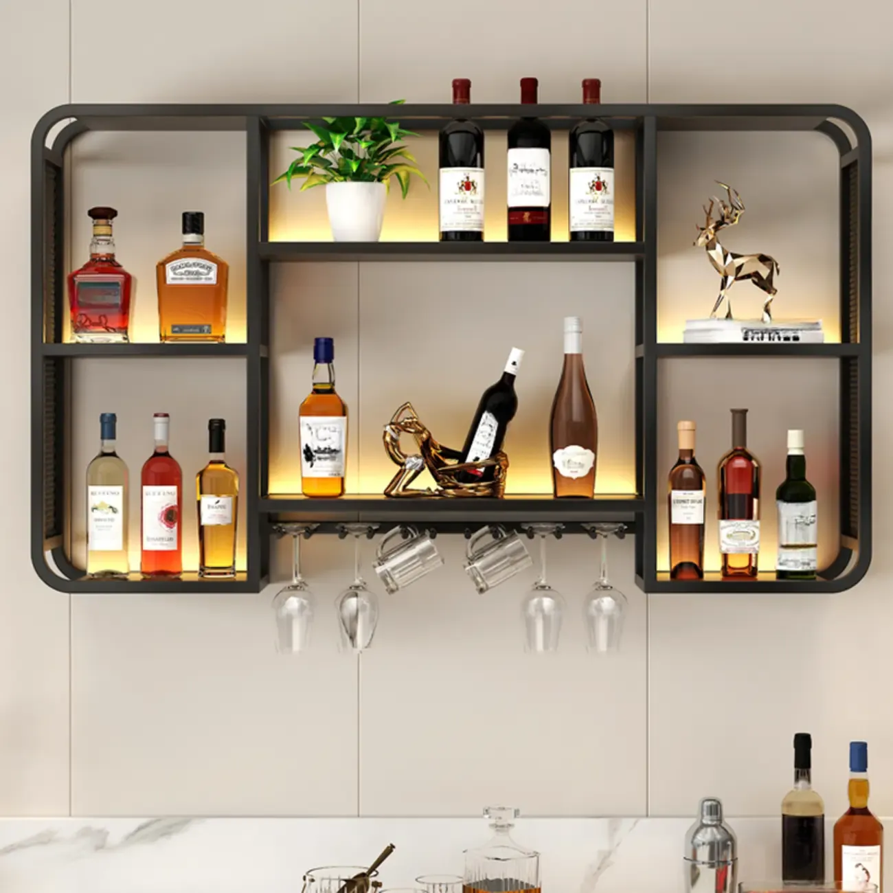 Alloy Wall Mount Open Wine Holder Bottle with Shelf