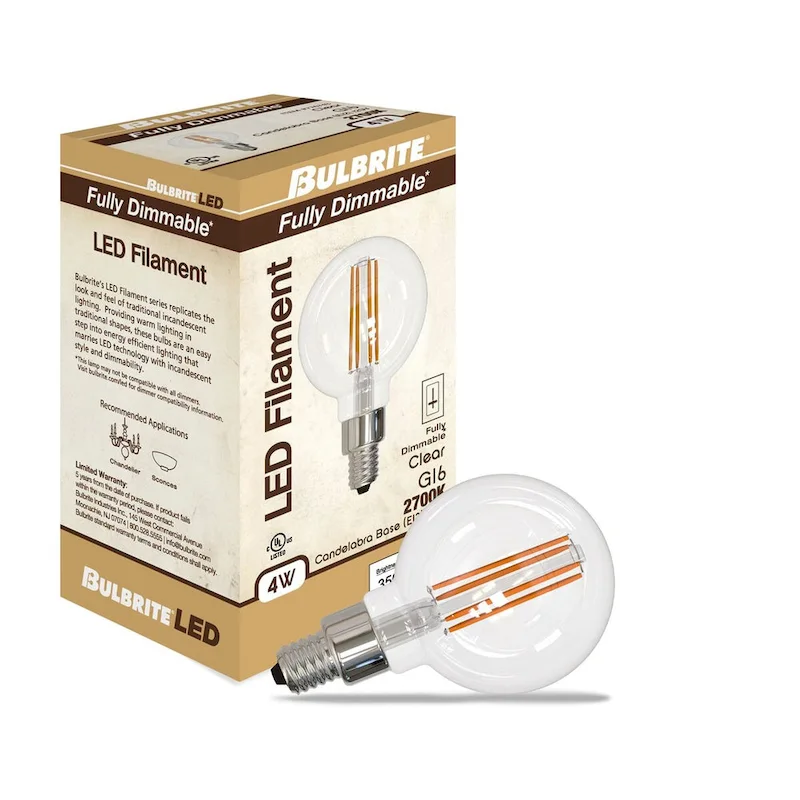 Bulbrite LED Filament Pack of (4) 4 Watt Dimmable G16 Light Bulbs with a Clear Finish and Candelabra (E12) Base
